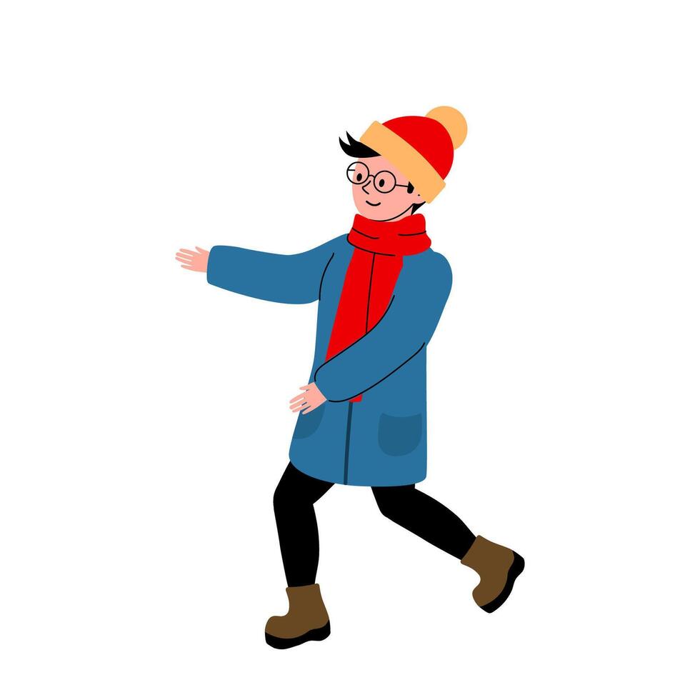 Child wearing warm clothes enjoys a winter walk on a snowy day in a playful manner vector