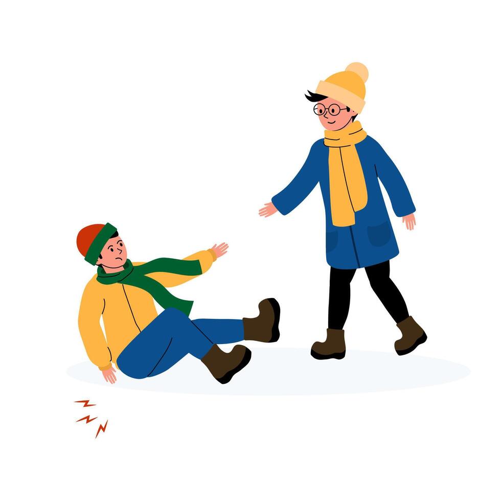 Winter fun turns into an unexpected slip on ice with friends helping each other vector