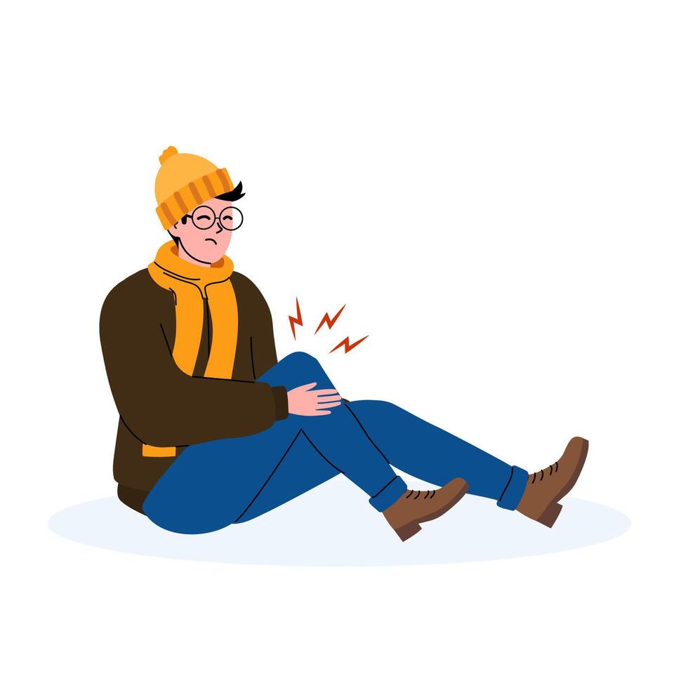 Young man sitting on the ground holding his knee in discomfort during winter season vector
