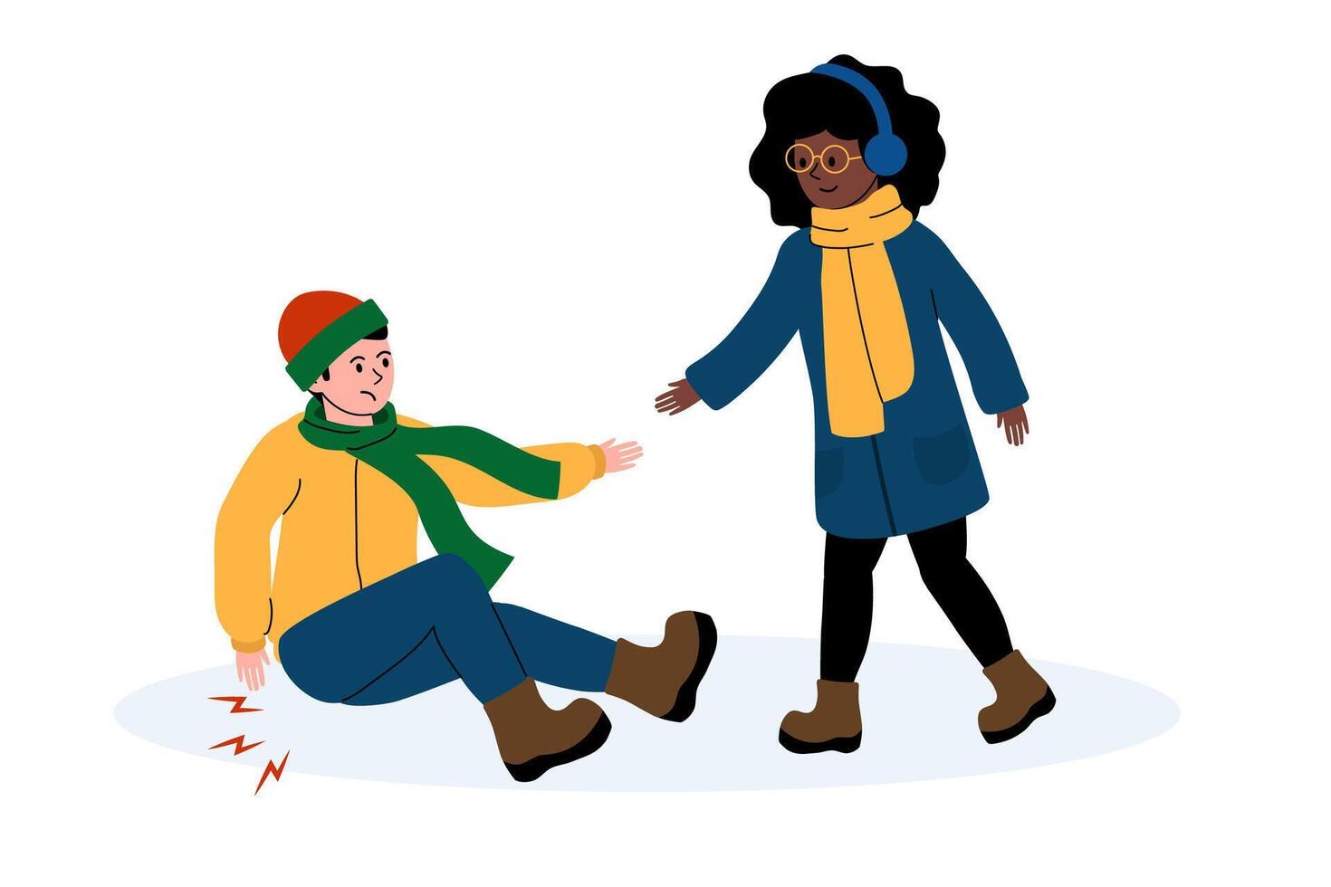 Person helps a friend who has fallen in a snowy outdoor setting during winter vector