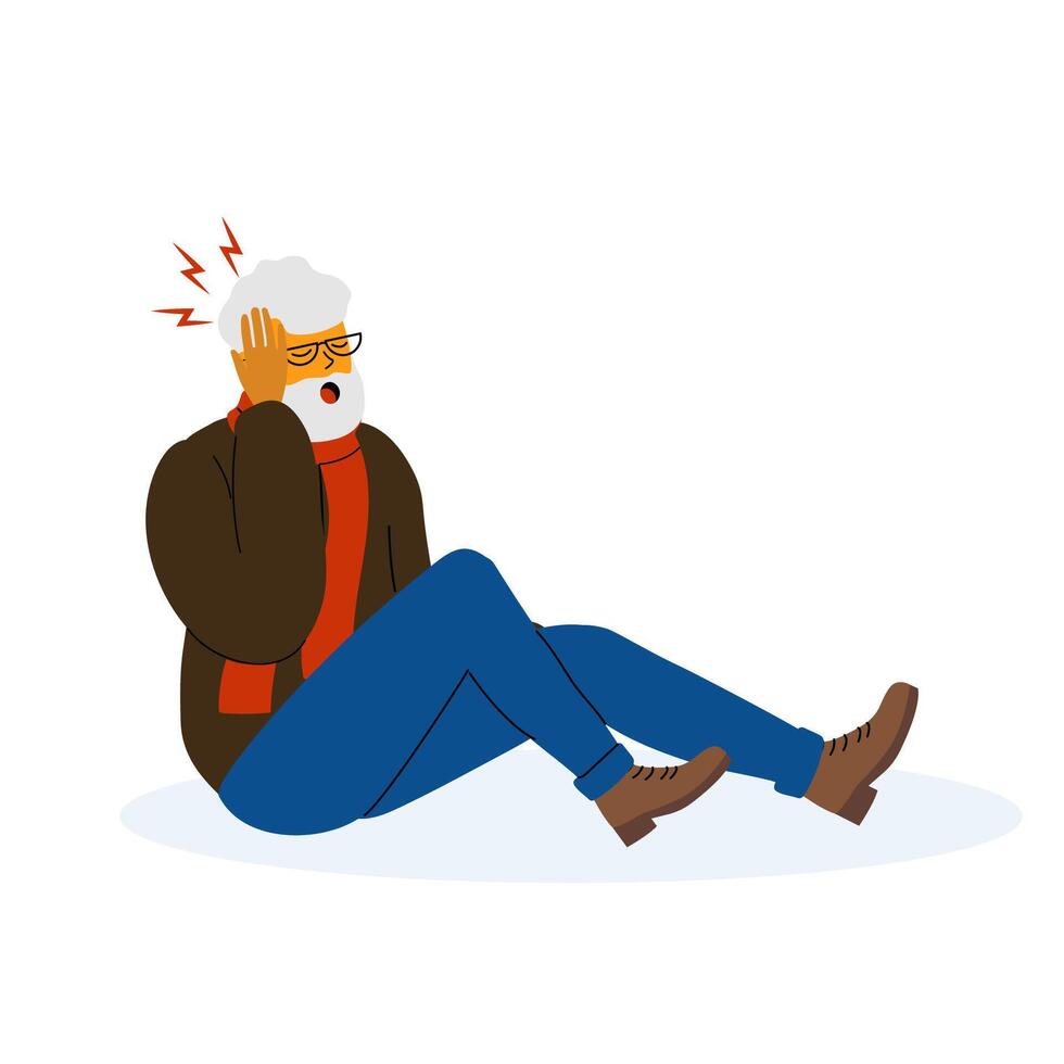 Senior man sitting on floor with hands on head expressing discomfort due to headache vector