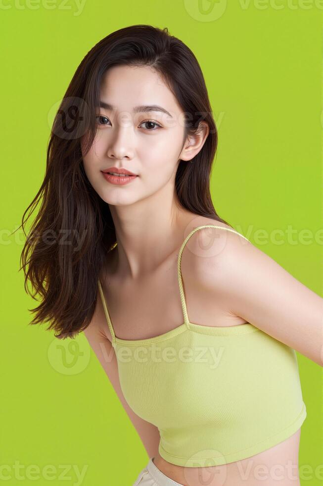 A woman in a yellow top posing against a green background photo