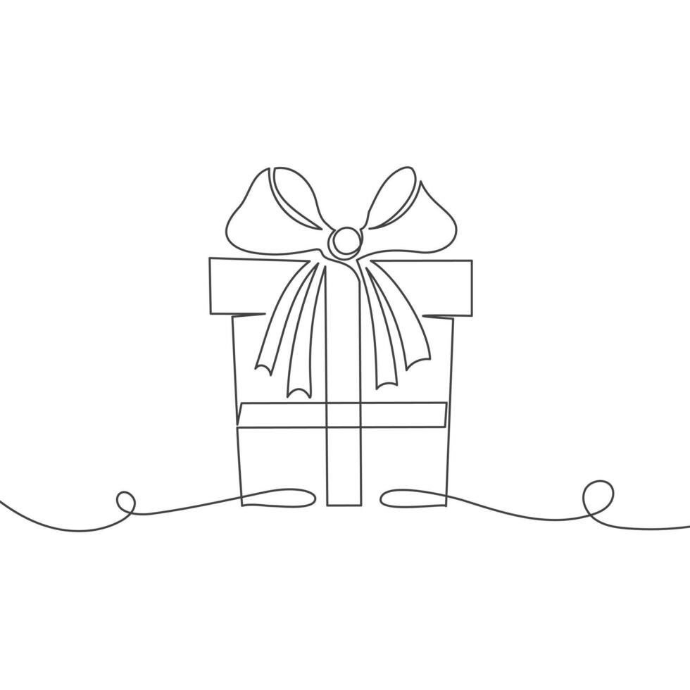 Continuous one line drawing of gift box with ribbon bow. Holiday illustration, line art, greeting card vector