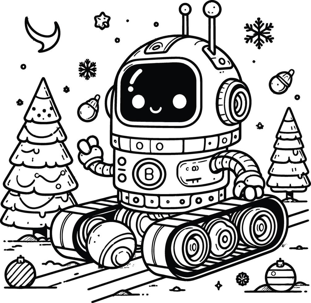 A robot coloring page with a christmas tree and snow vector