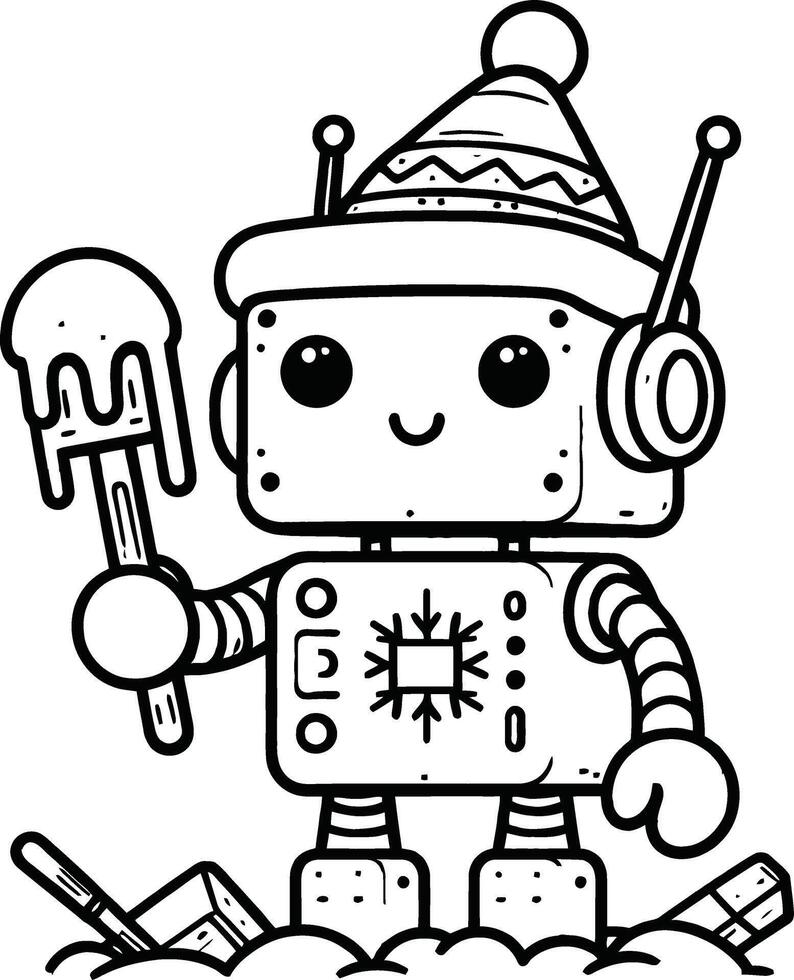A robot holding a spoon and a cup coloring page vector