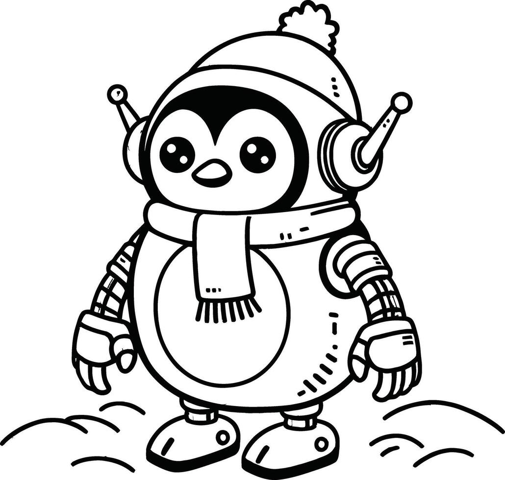 A penguin wearing a winter hat and scarf coloring page vector
