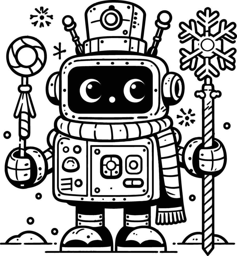 A robot with a snowman and a lollipop coloring page vector