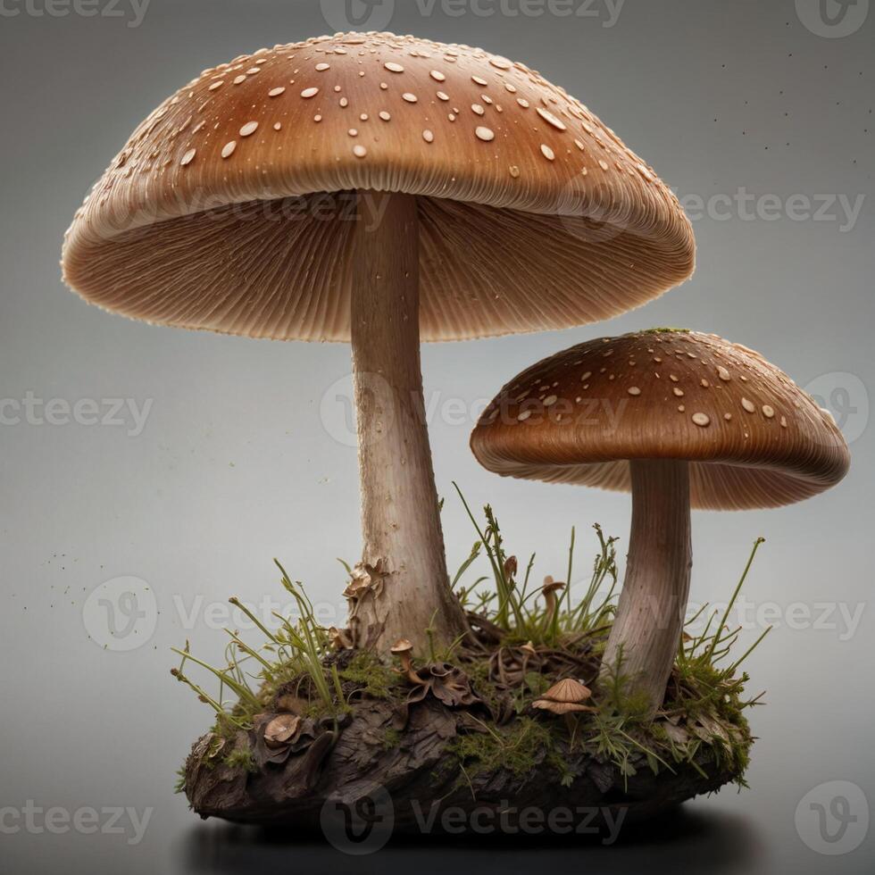 Two mushrooms are standing on top of a mossy stump photo
