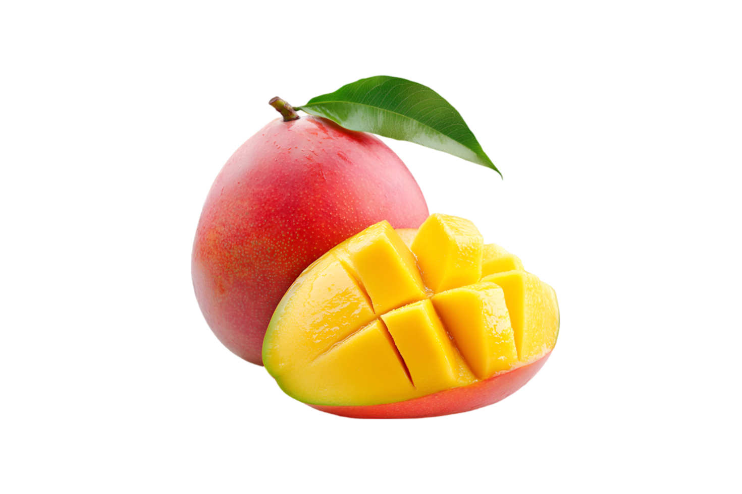 Whole and sliced mango with leaf isolated on a transparent background png