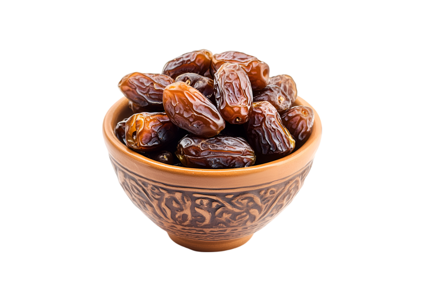 Dates in a traditional bowl isolated on a transparent background png