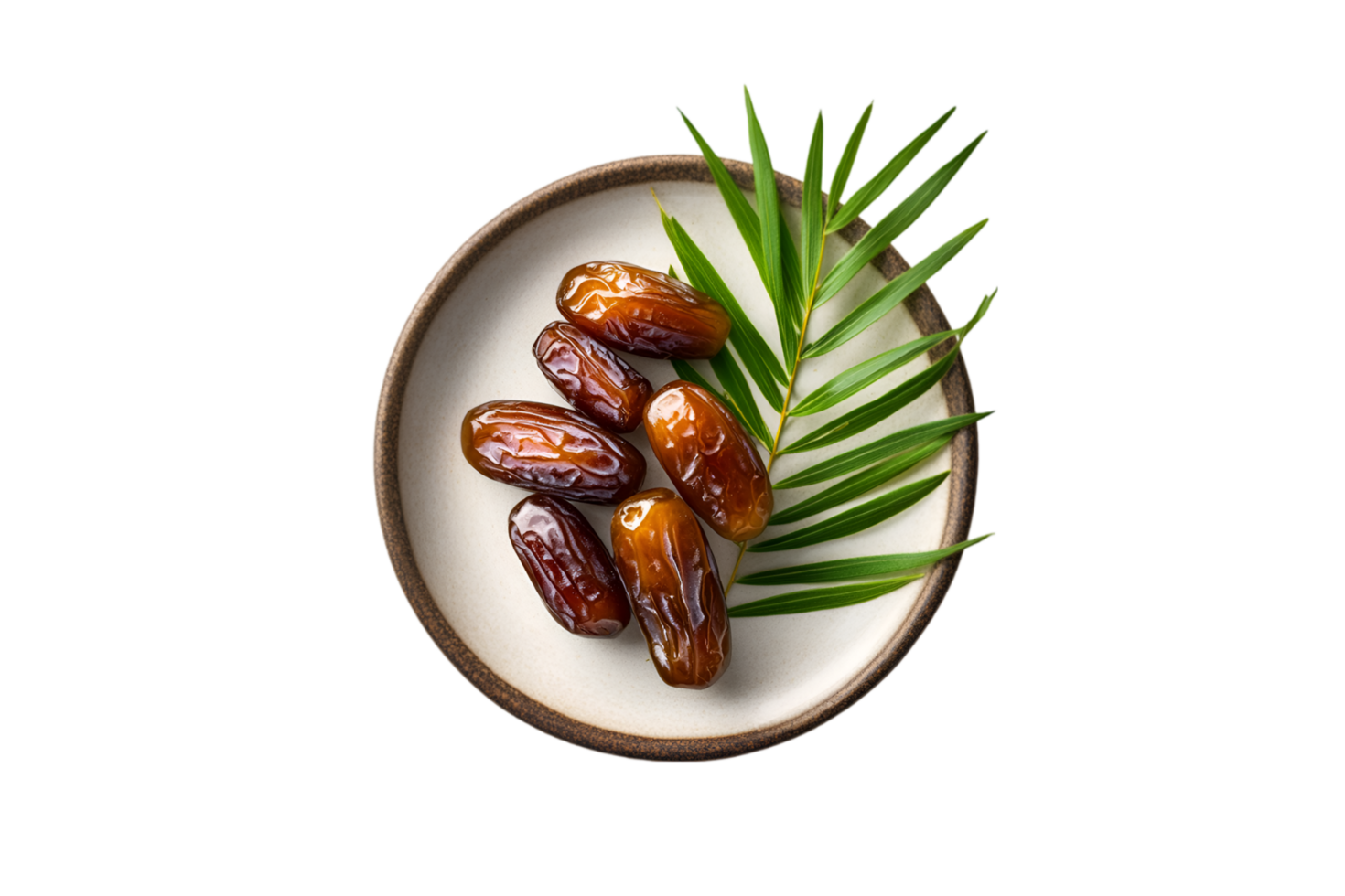 Dates with leaf on a plate isolated on a transparent background png