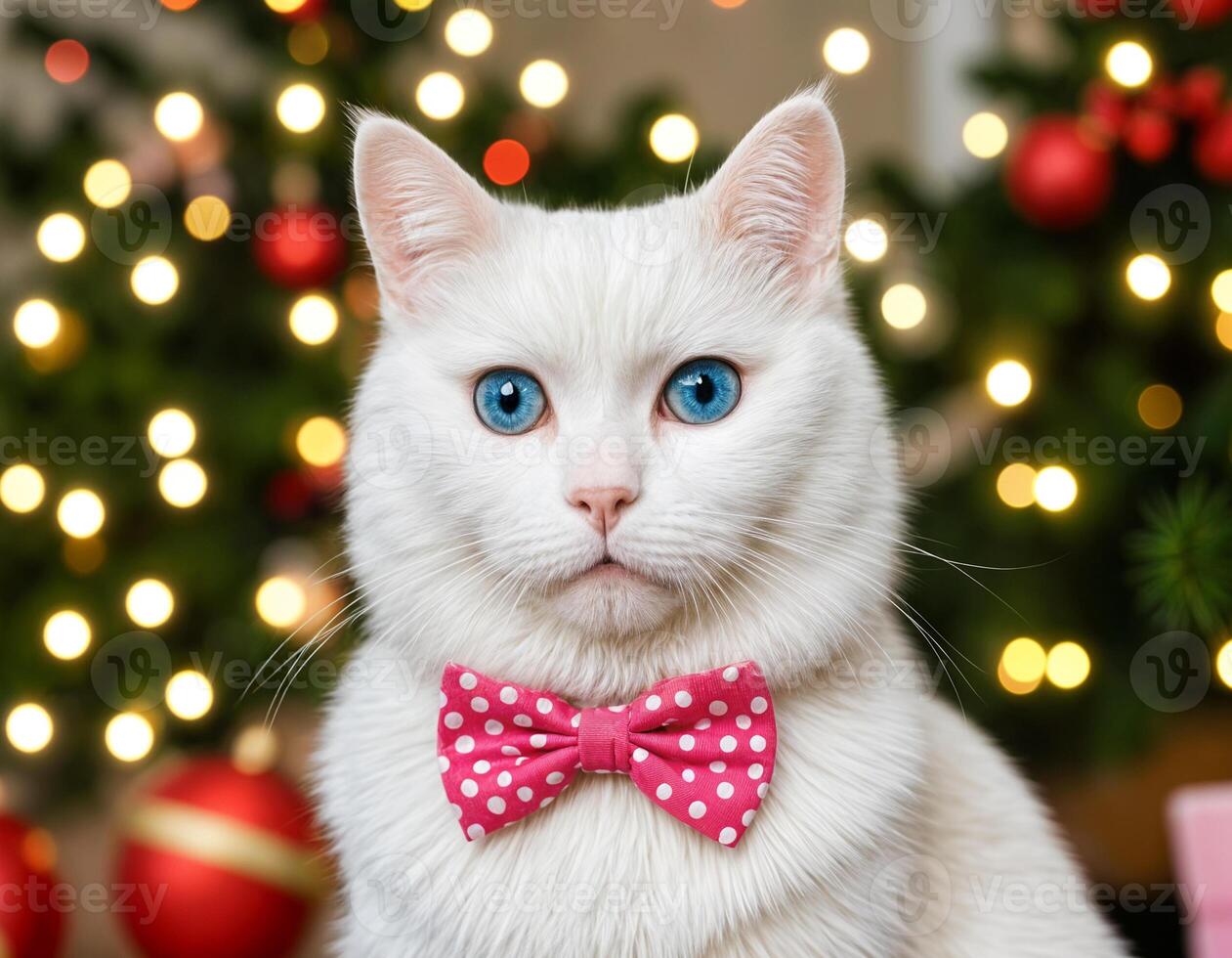Whimsical realistic portrait of white cat. He wears a pink polka-dot bow. In the BG are a decorated Christmas tree - generated by ai photo