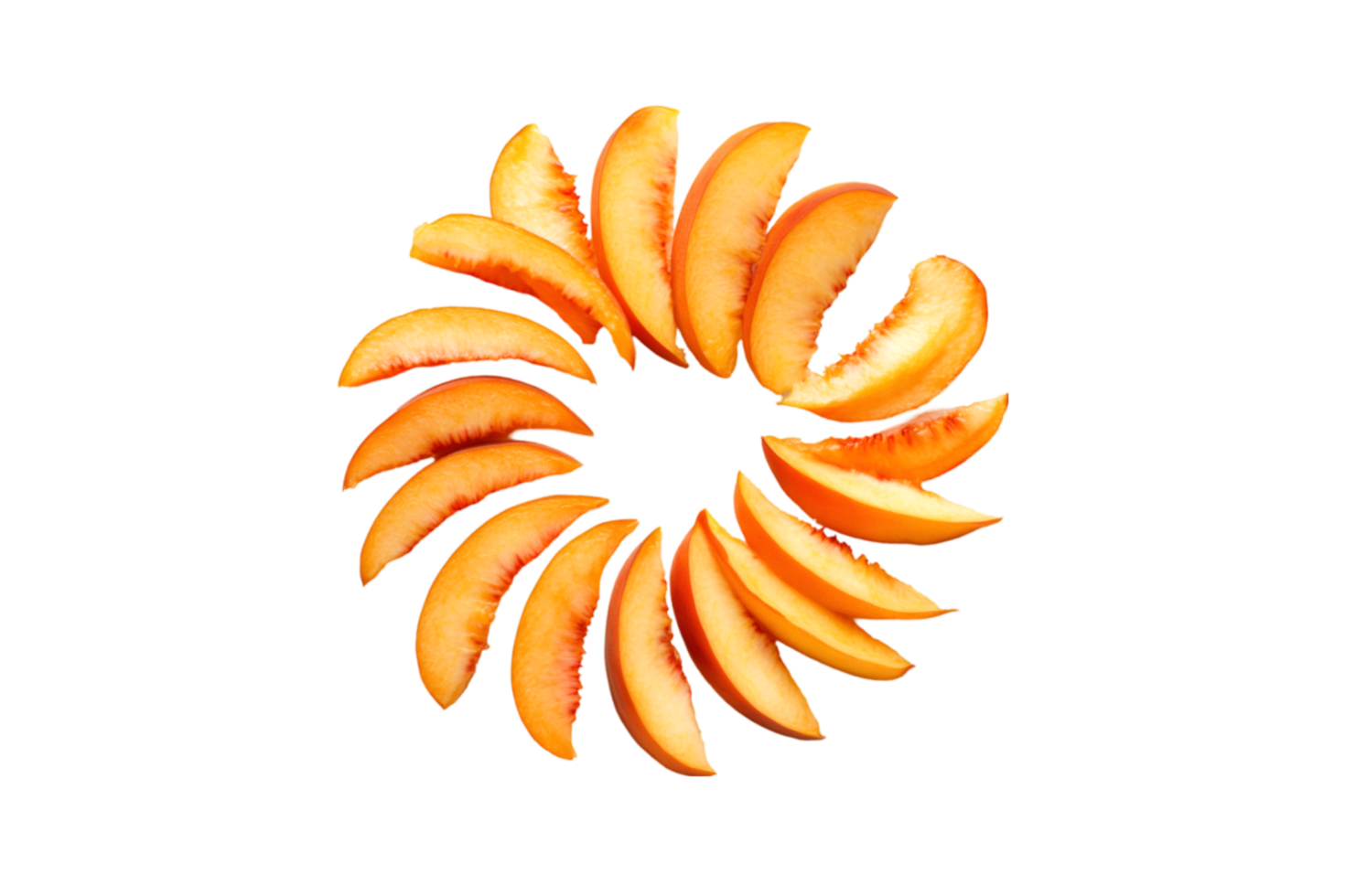 Peach slices arranged in a circular pattern isolated on a transparent background png