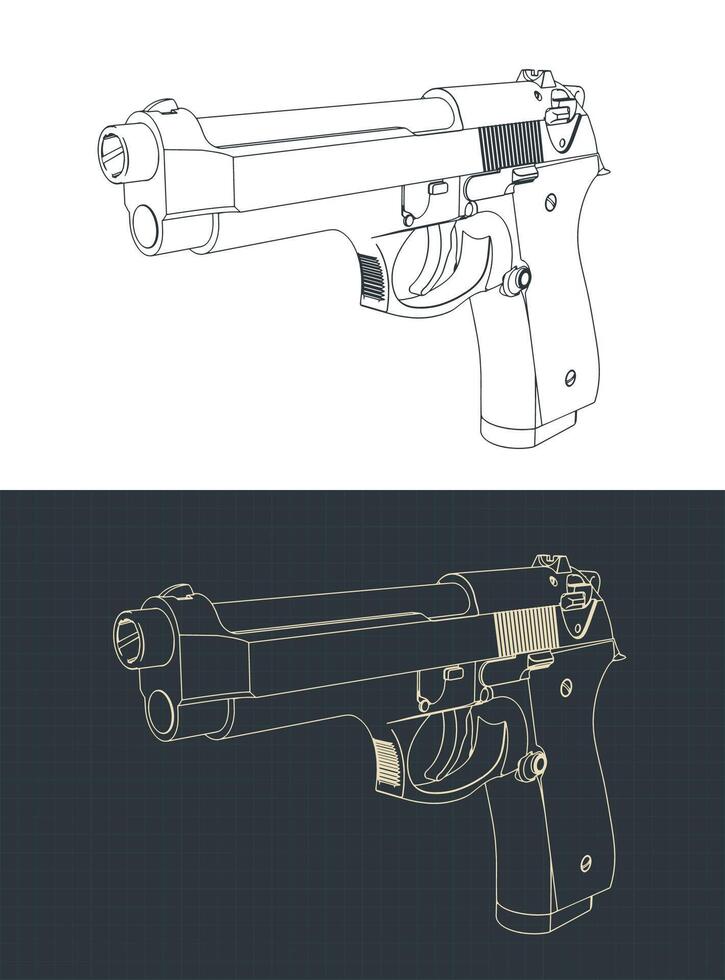 Semi-automatic pistol isometric blueprints vector