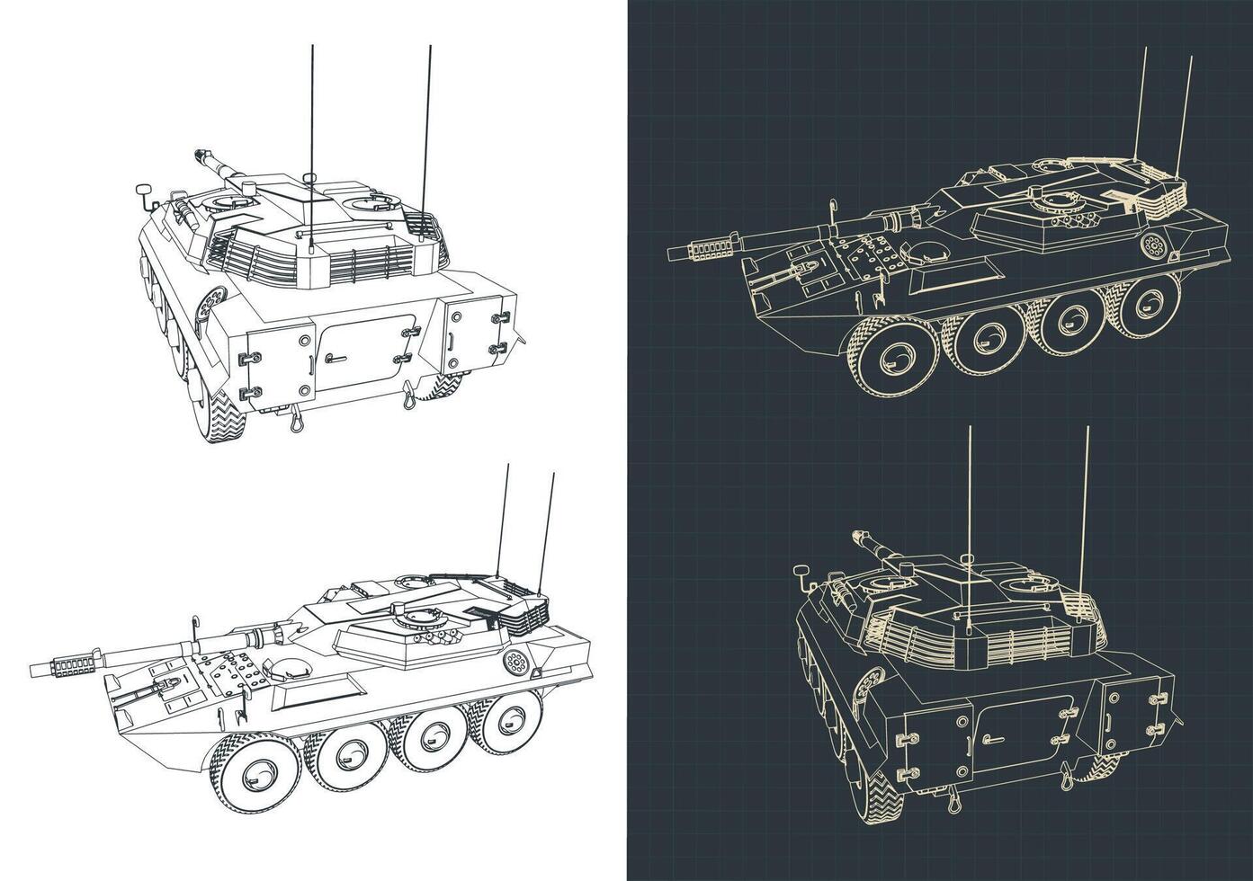 Heavy armoured fighting vehicle blueprints illustrations vector