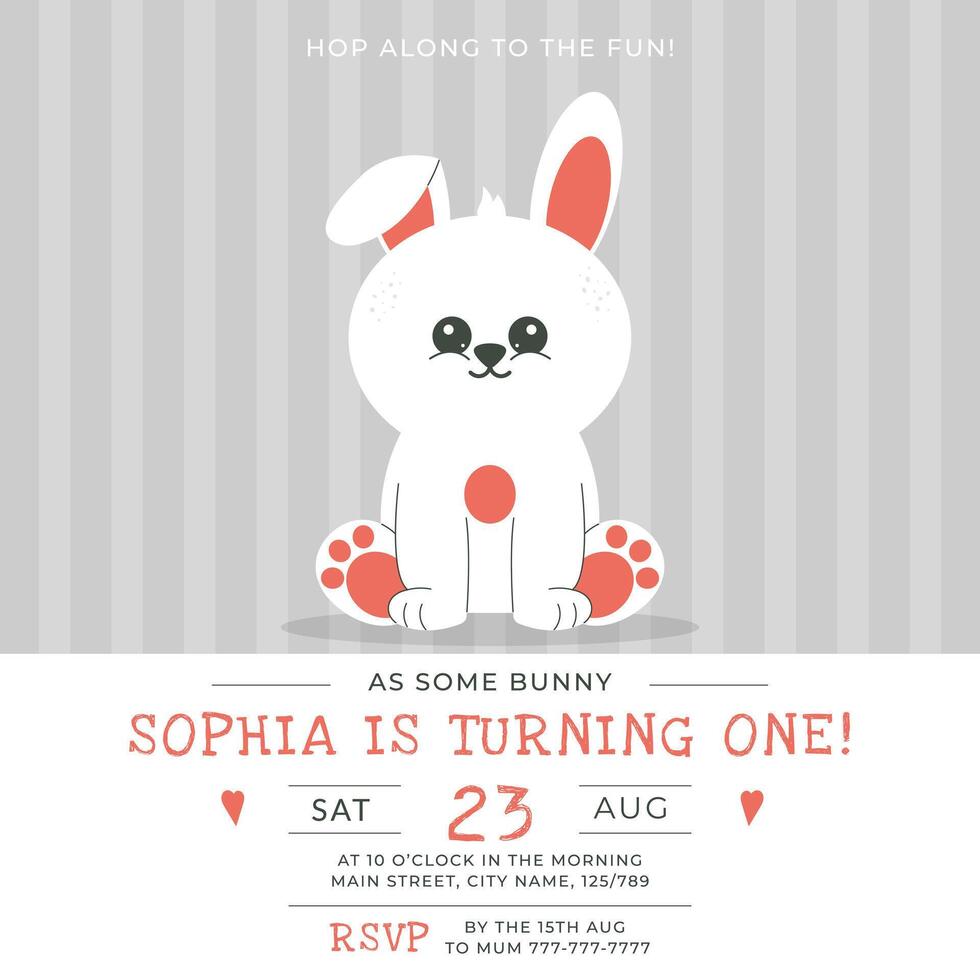 Greeting and invitation for kids first Birthday party. Cute baby bunny, rabbit in flat childrens style. illustration, design for card, poster, event, prints vector