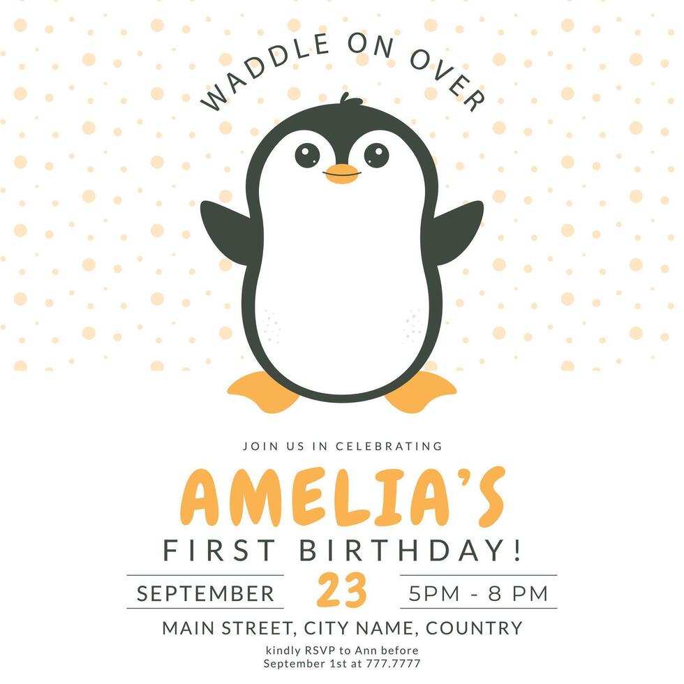 Greeting and invitation for kids first Birthday party. Cute baby animal penguin in flat childrens style. illustration, design for card, poster, event, prints vector