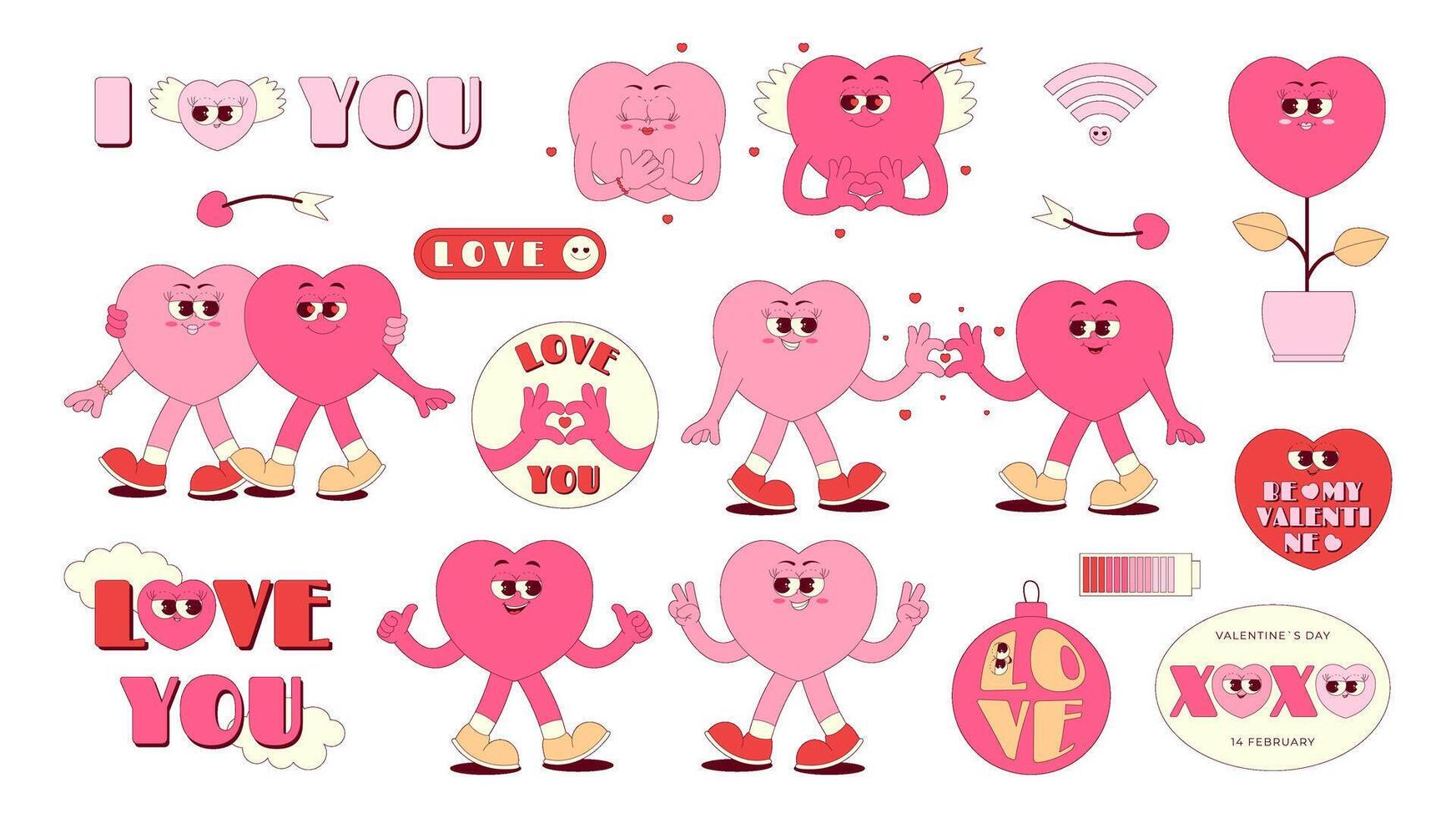 Retro groovy stickers set for Happy Valentines Day. Lovely and funky characters in shape of heart in trendy retro 60s 70s style. Love elements on transparent background vector