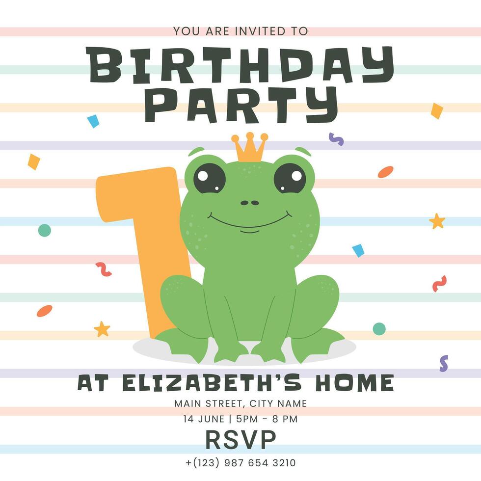 Greeting and invitation for kids first Birthday party. Cute baby animal frog in flat childrens style. illustration, design for card, poster, event, prints vector