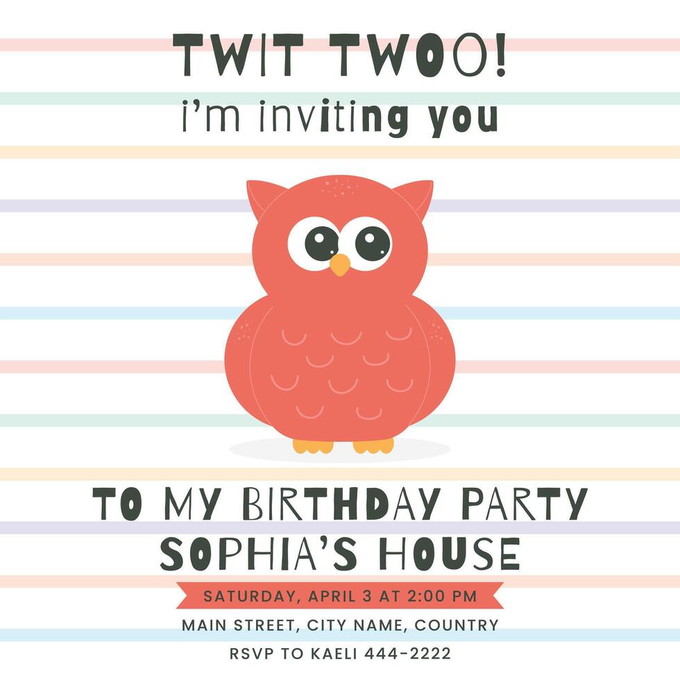 Greeting and invitation for kids Birthday party. Cute baby bird owl in flat childrens style. illustration, design for card, poster, event, prints vector