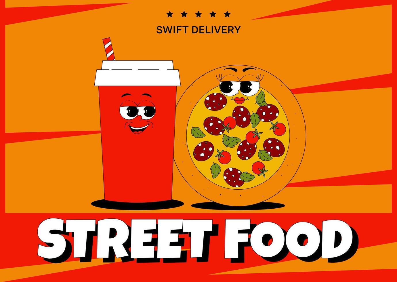 Horizontal banner with funky round pizza and drink cola character in retro groovy style. Delivery, cafe, street food restaurant. Vintage illustration vector