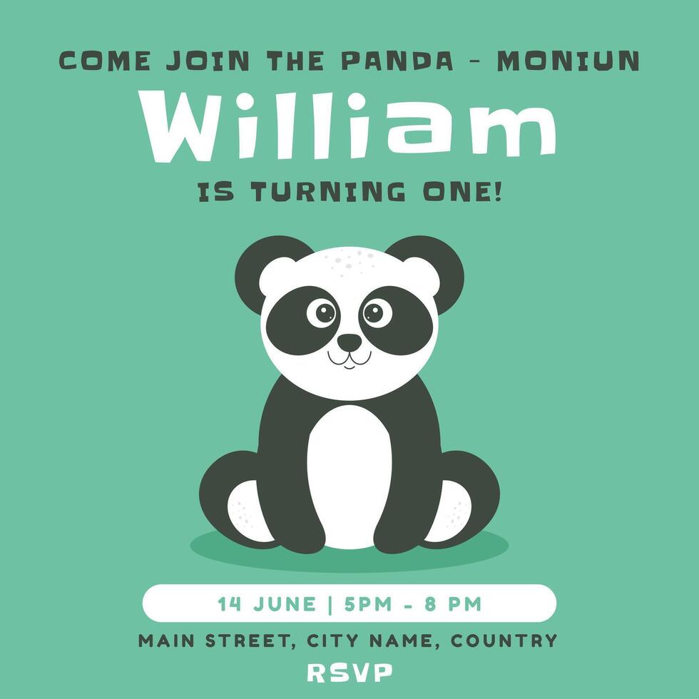 Greeting and invitation for kids first Birthday party. Cute baby panda in flat childrens style. illustration, design for card, poster, event, prints vector
