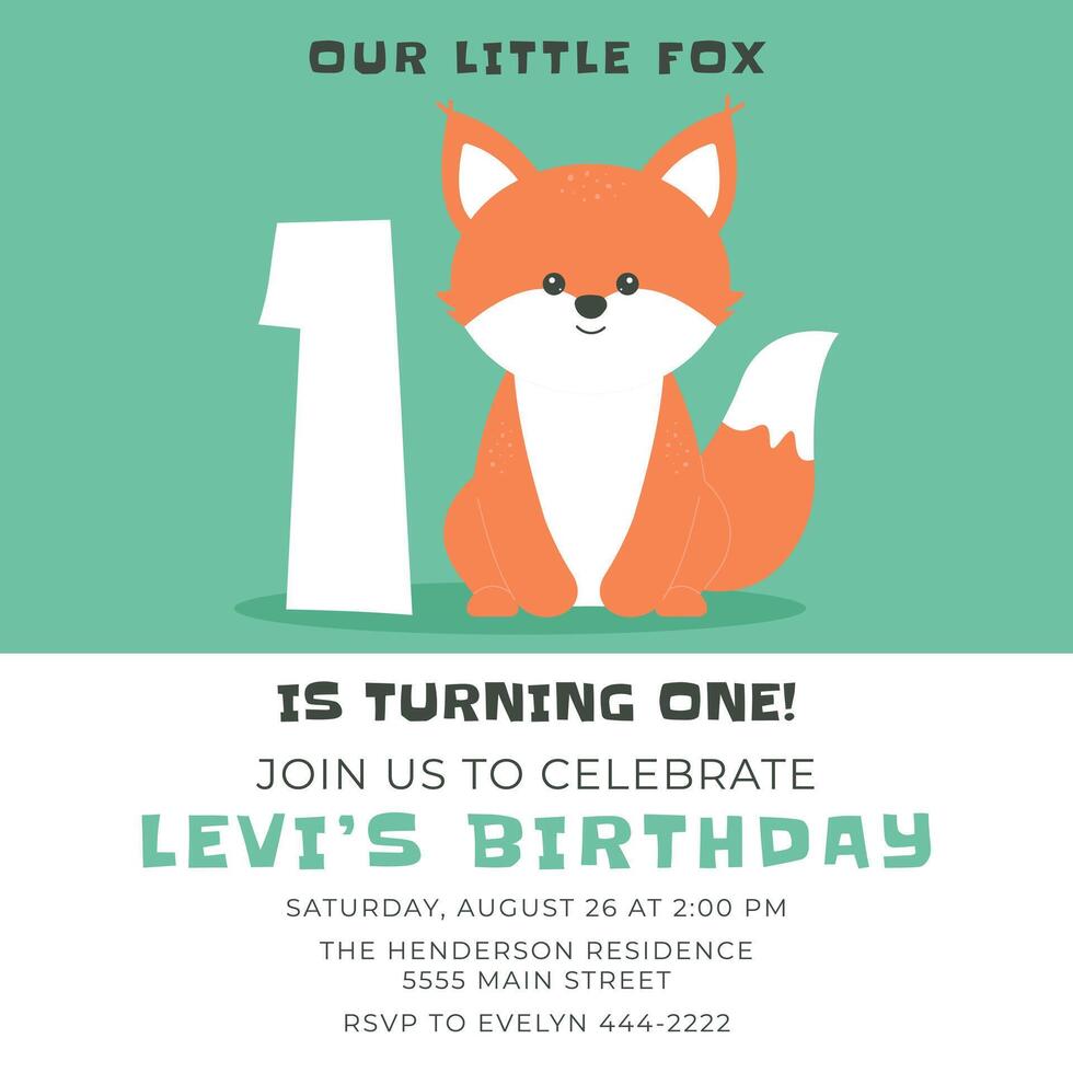 Greeting and invitation for kids first Birthday party. Cute baby animal fox in flat childrens style. illustration, design for card, poster, event, prints vector