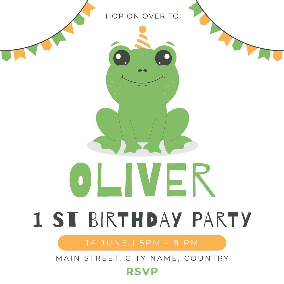 Greeting and invitation for kids first Birthday party. Cute baby frog in flat childrens style. illustration, design for card, poster, event, prints vector