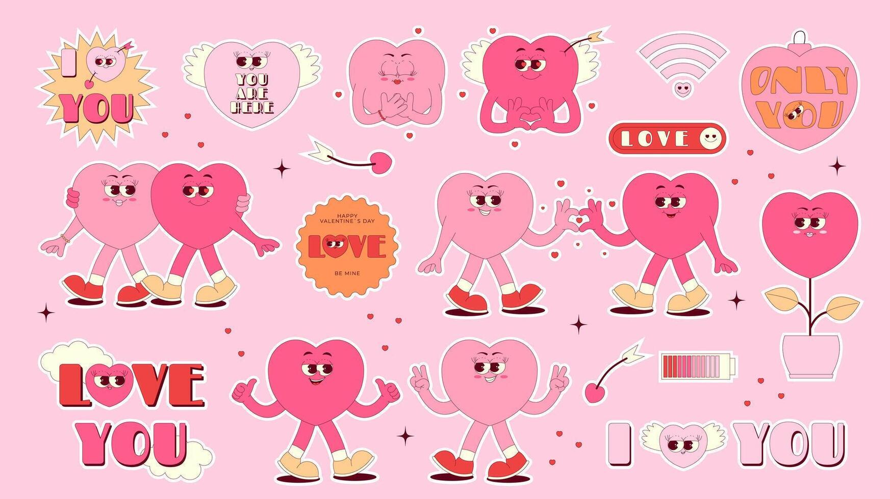 Retro groovy stickers set for Happy Valentines Day. Lovely and funny heart characters in trendy retro 70s 80s style. Love elements on pink background vector