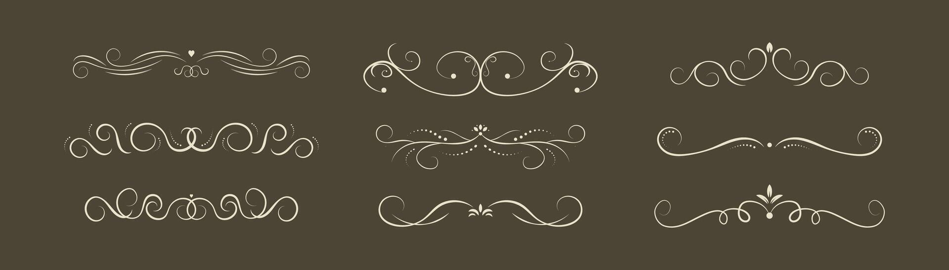 Set of decorative swirls divider. Collection of calligraphic objects for wedding invitation, greeting card, book divider, certificate design. vintage border elements on brown background vector
