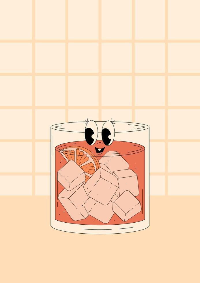 Groovy character negroni with emotion. Retro summer poster with popular alcoholic cocktail and empty space. Vintage illustration 70s, 80s style vector