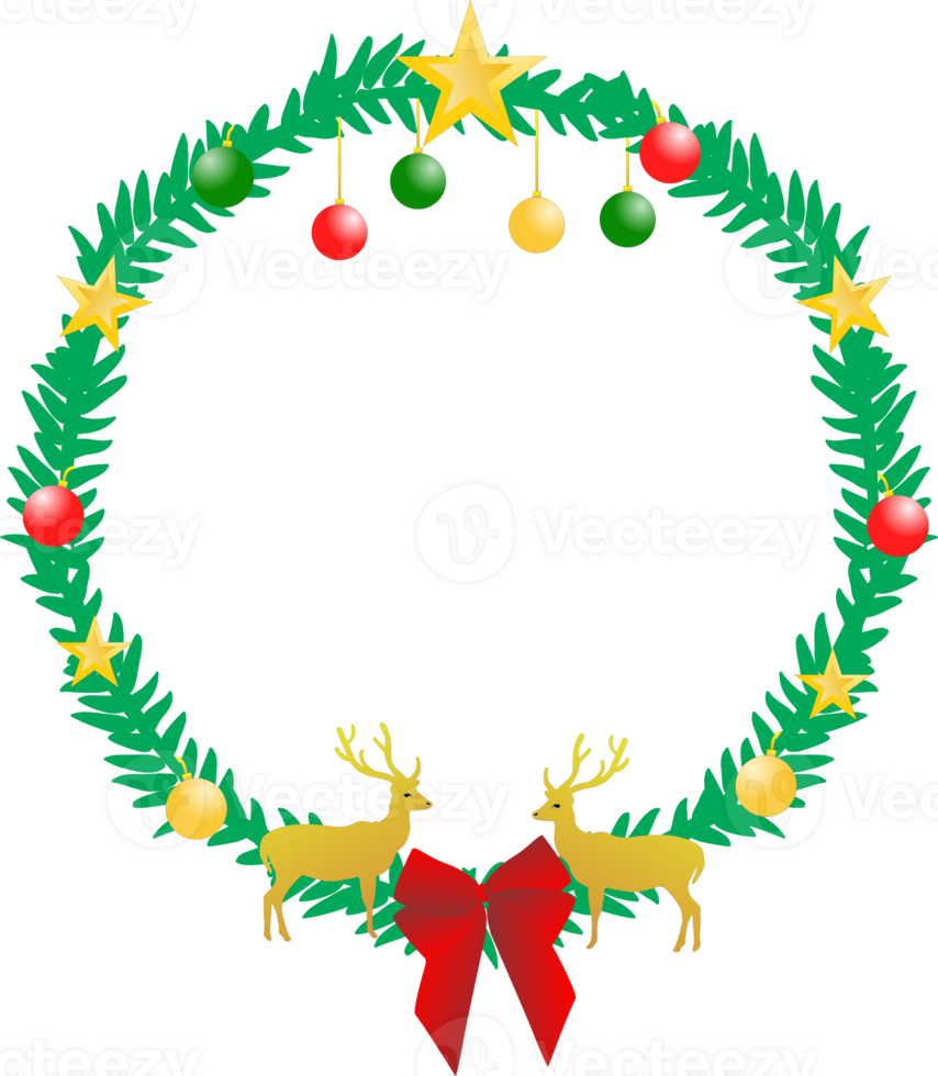 Christmas element round frame with redbow and gold deer png