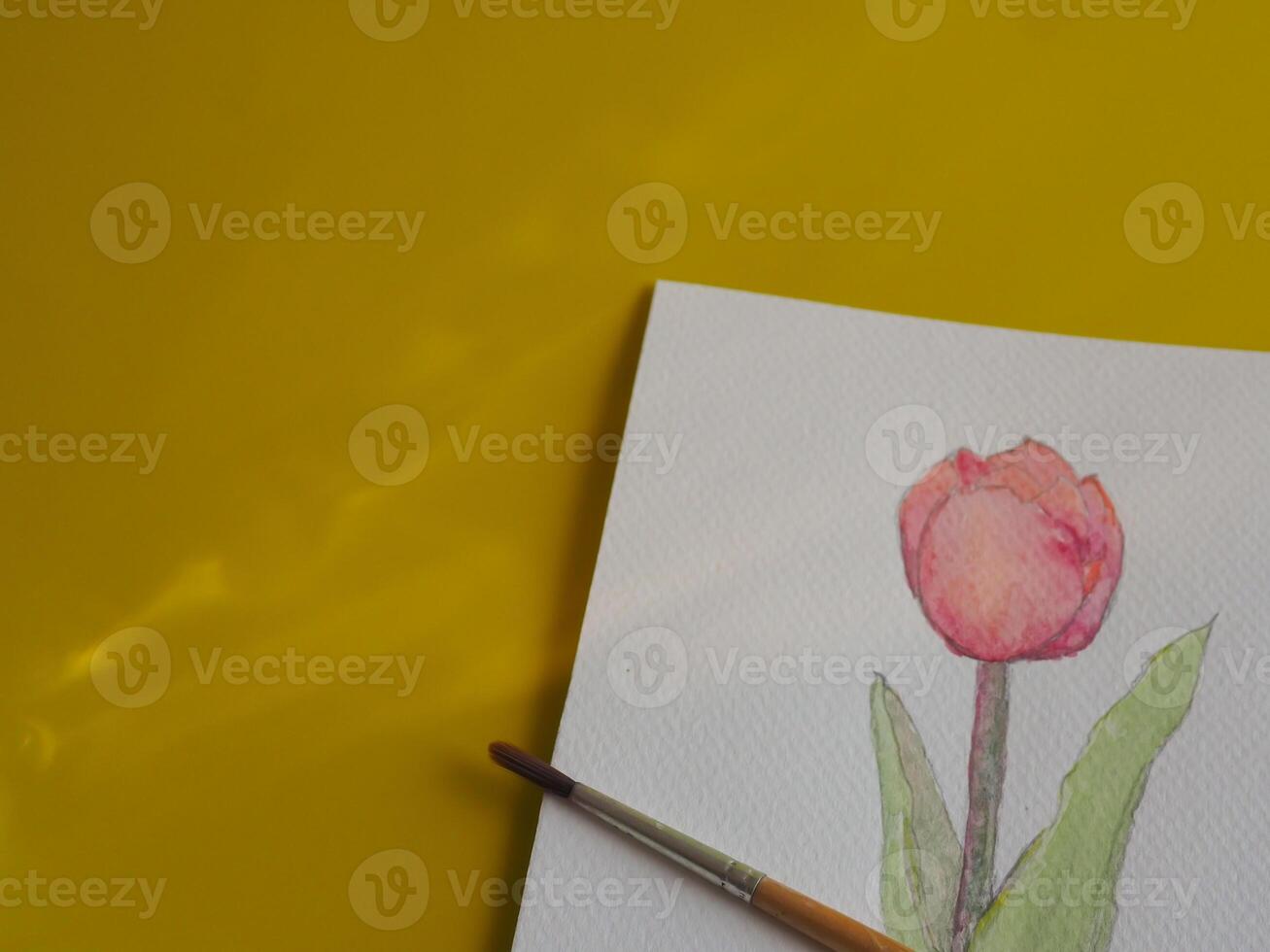 Drawing pastel minimalist pink tulips on paper with yellow background about art education photo
