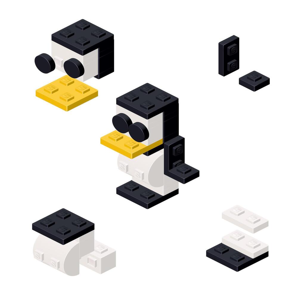 Concept with deconstruction penguin from plastic blocks. vector
