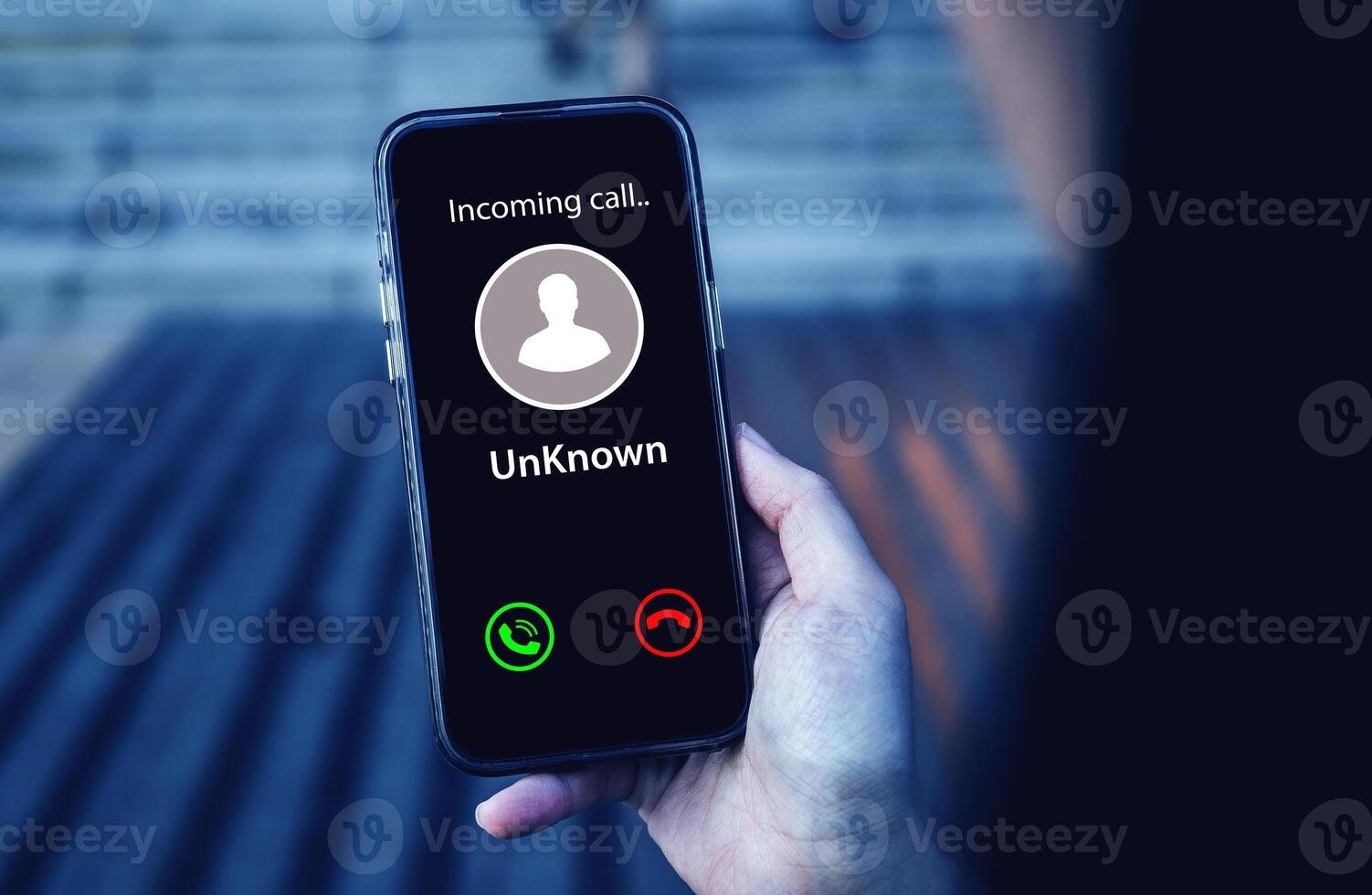 Smartphone incoming call notification. concept of scammers or strangers, fraud, and contact to sell mobile internet promotions photo