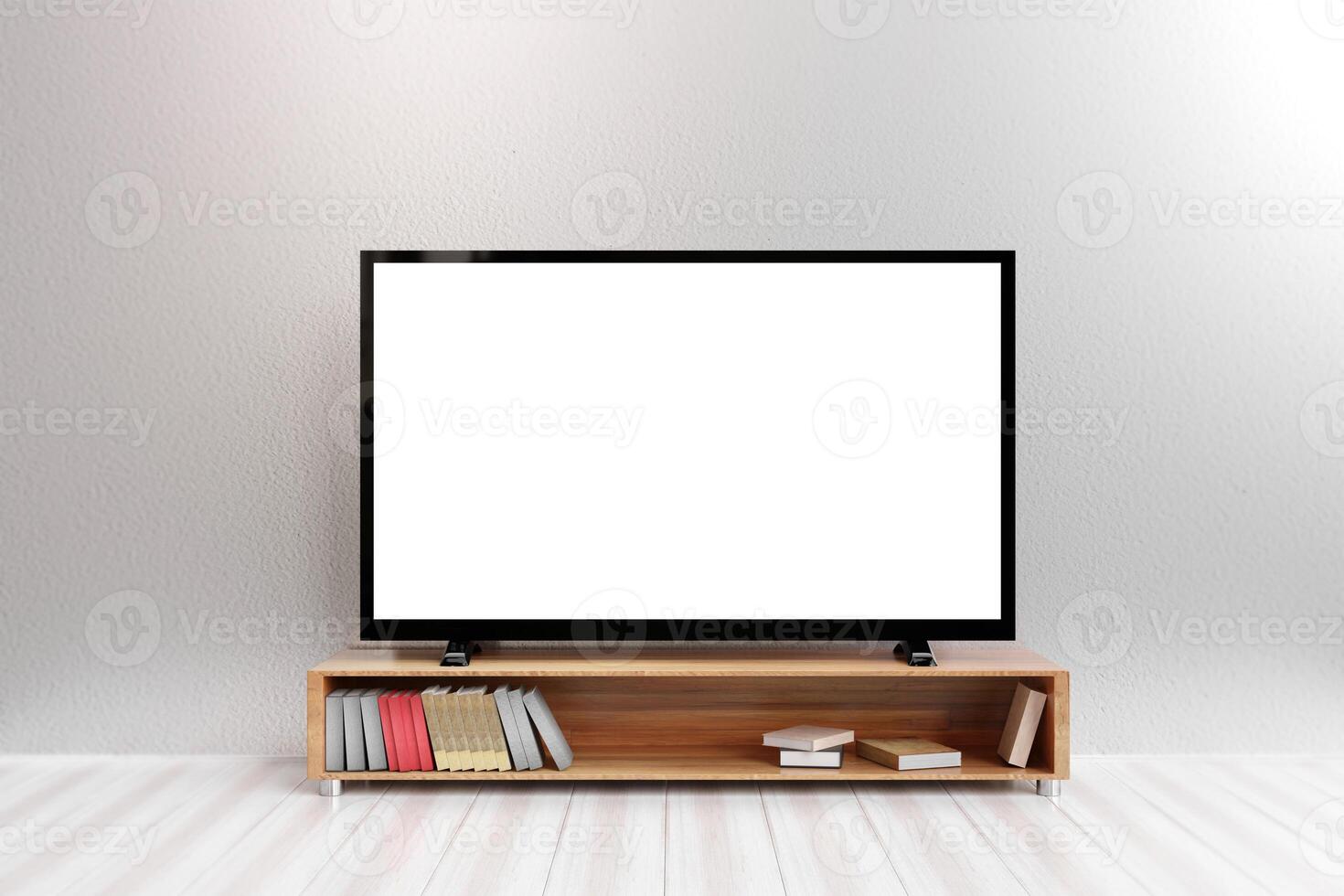 Blank white screen TV on wooden table in living room with white walls. With photocopying space, advertising design, and public relations photo