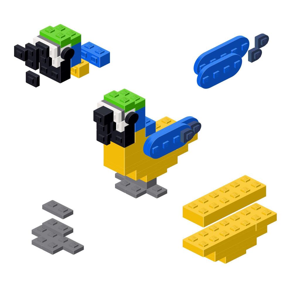 Concept with deconstruction parrot from plastic blocks. vector