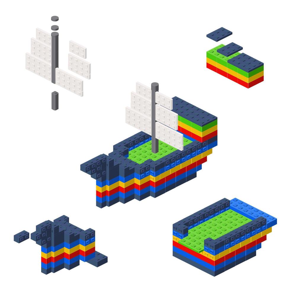 Concept with deconstruction ship from plastic blocks. vector