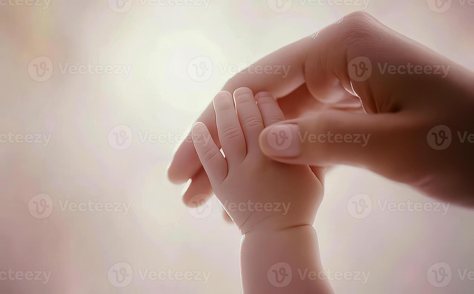Close-up little hand of child baby holding hand of mother, A newborn holds on to mom's, dad's finger, Love and relationship with infant, Care and support, Dreaming and protection. photo