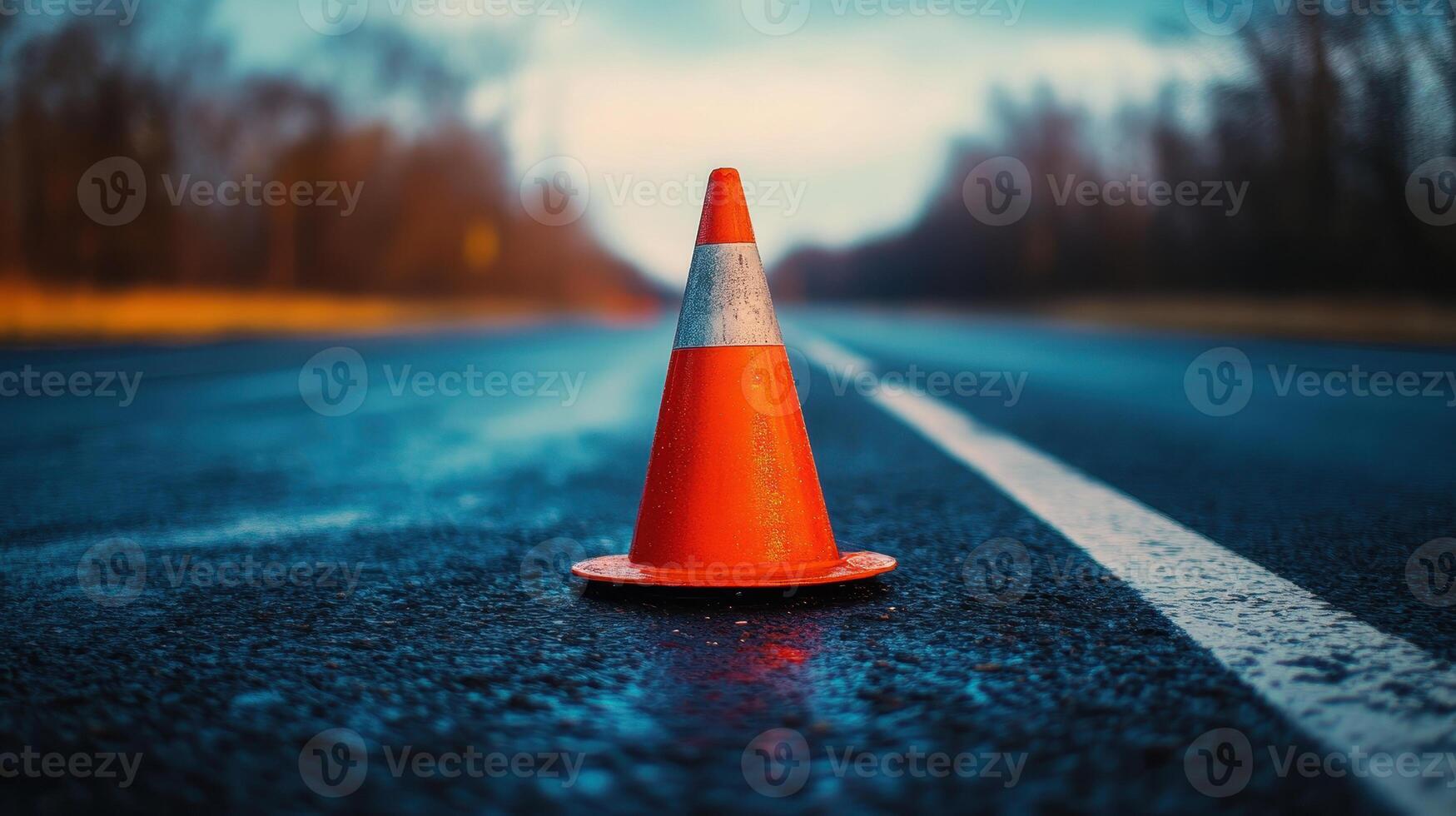An orange and white traffic cone rests on an asphalt road. photo