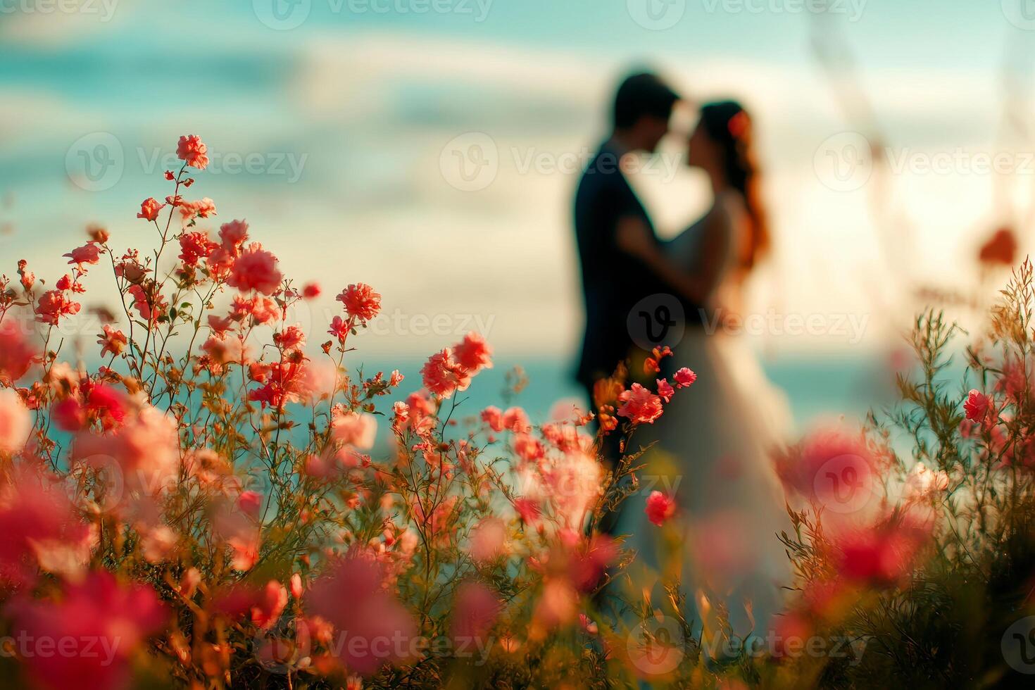 rose flowers with sweet couple on rose field for background. photo