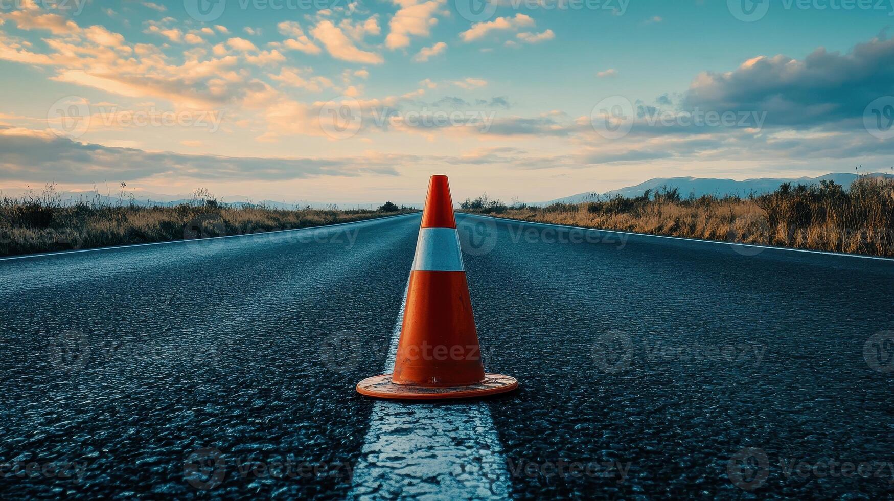 An orange and white traffic cone rests on an asphalt road. photo