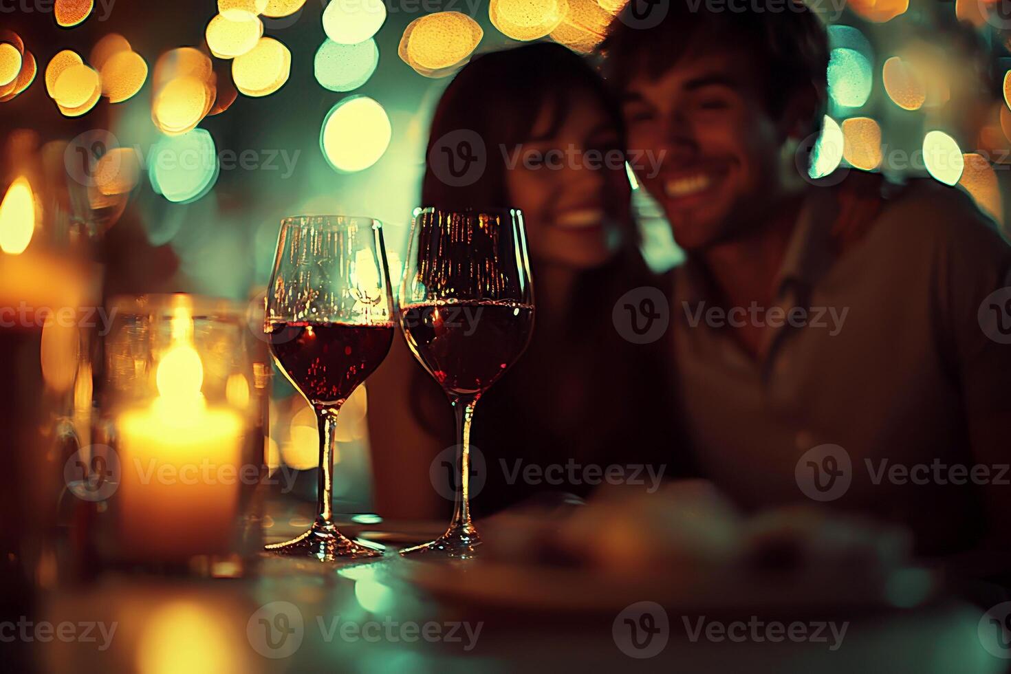 Romantic dinner with red wine against soft evening lights, a couple enjoying the moment. Perfect for restaurant ads and festive events. photo