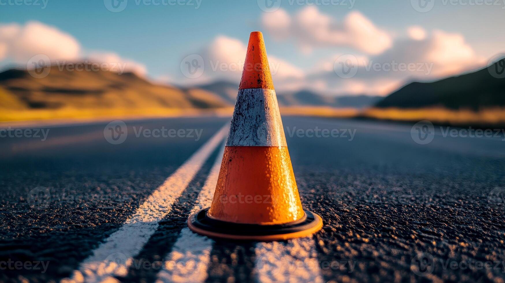 An orange and white traffic cone rests on an asphalt road. photo