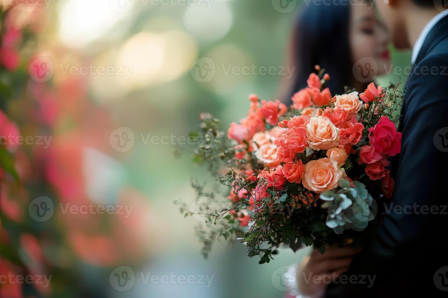 rose flowers with sweet couple on rose field for background. photo