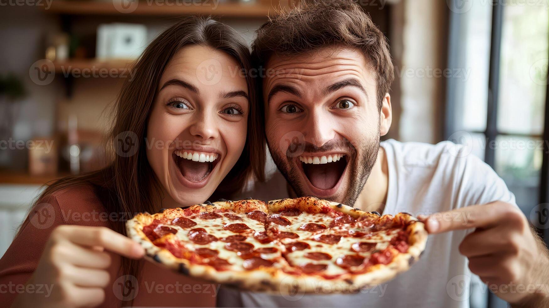 A cheerful man and woman is holding a pepperoni pizza, giving a warm and cozy kitchen vibe. photo