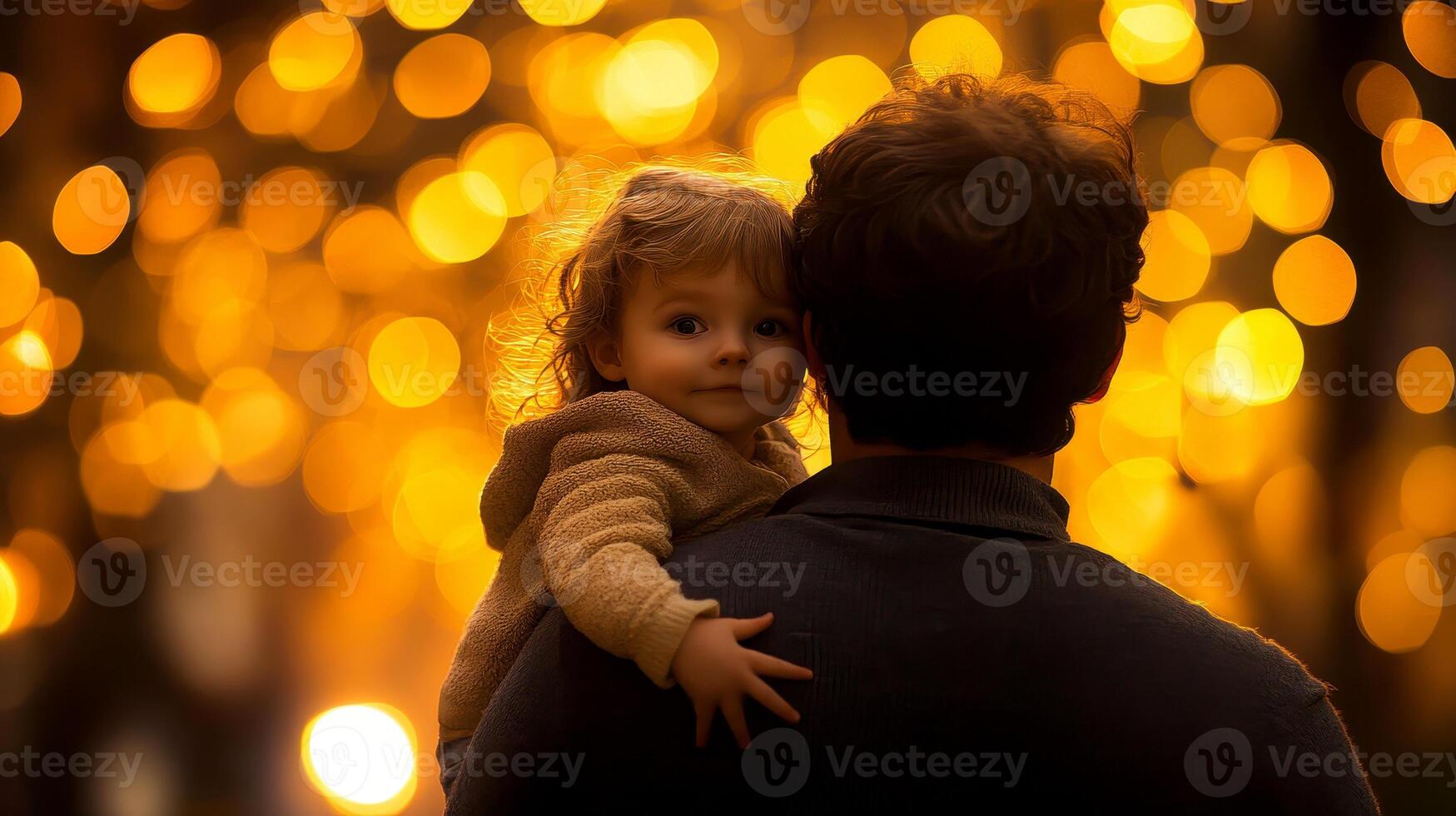 Father carrying child on bokeh isolated background. photo
