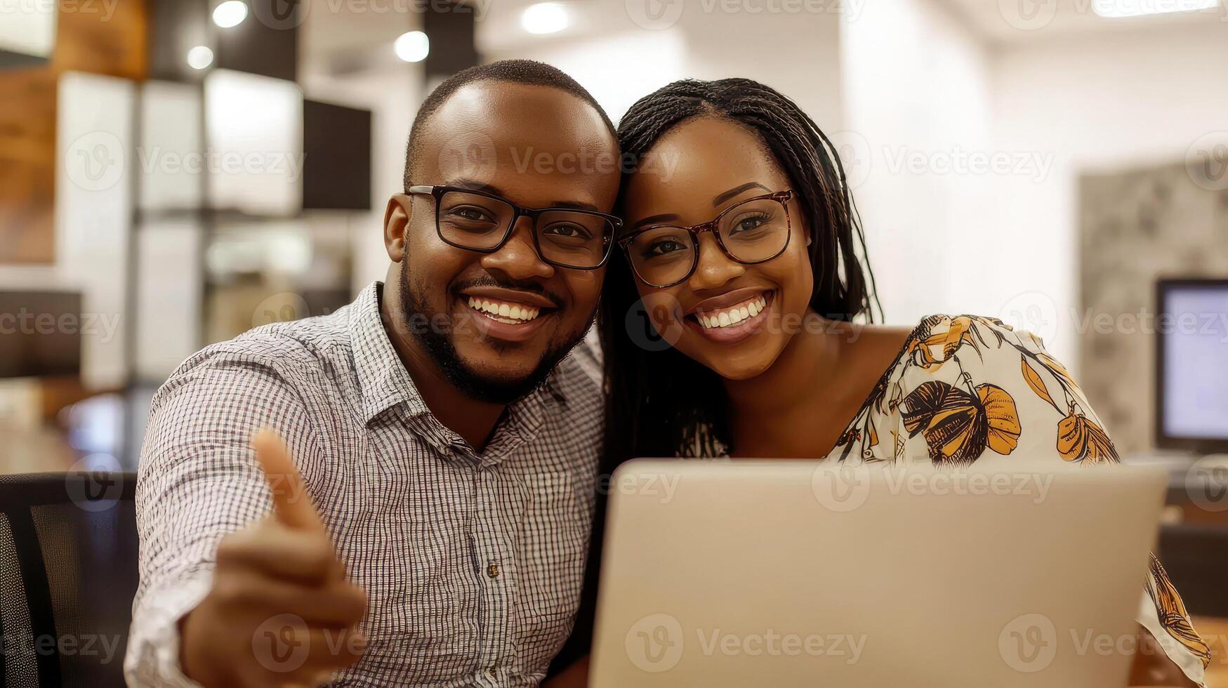 A man and a woman are sitting at a desk with a computer monitor in front of them. The man is smiling and holding his hands up in the air, while the woman is also smiling. Scene is happy and positive. photo