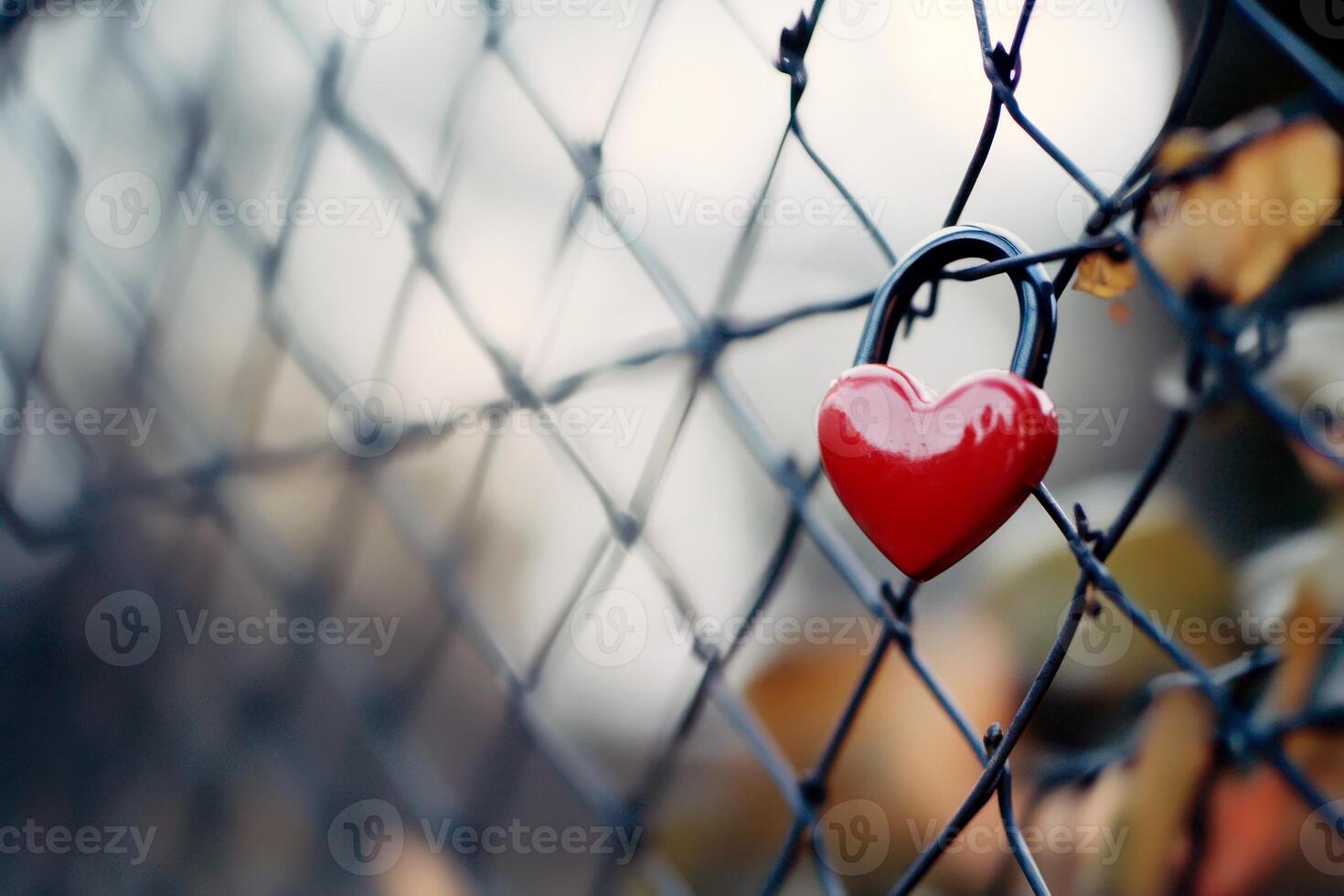 Valentine heart padlock attached to wire mesh fence. photo