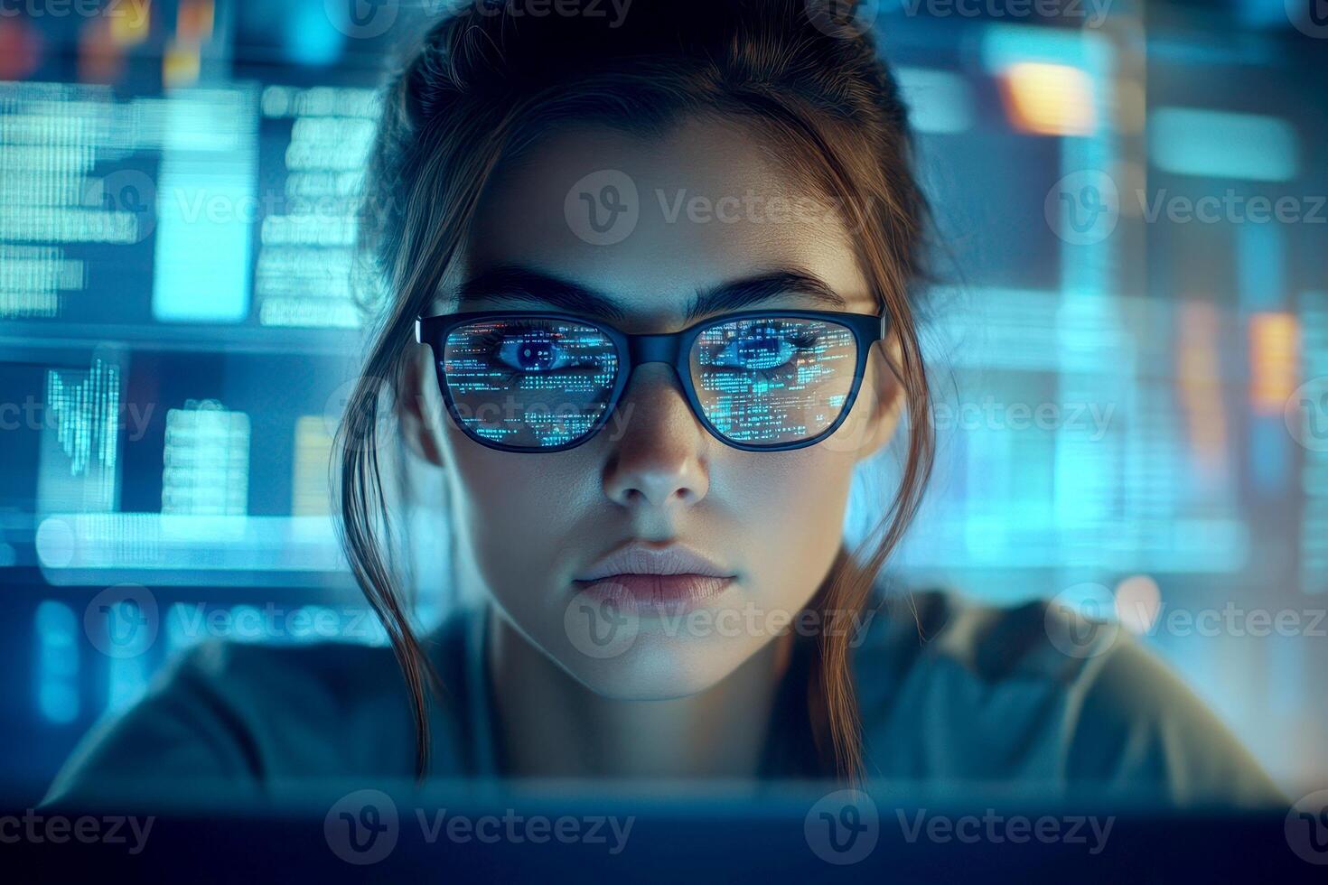 A female programmer typing source codes with a relaxing working environment. Studying, Working, Technology, Freelance Work, Web Design Business, and Web Development Concept. photo